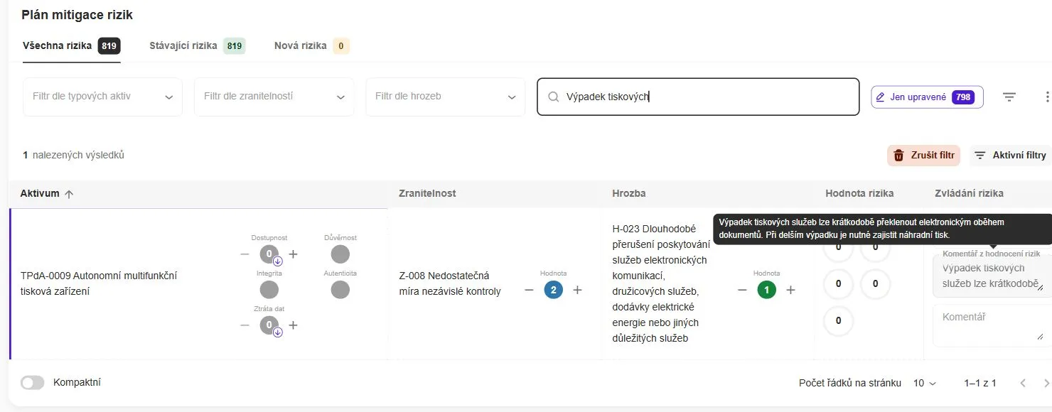 Plán mitigace rizik ve třetím kroku analýzy s polem Komentář z hodnocení rizik přímo u navrhovaného zvládání rizika.