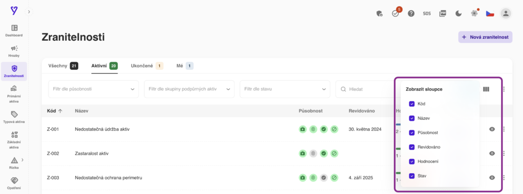 Návod na určení sloupůc, které chcete vidět v tabulce
